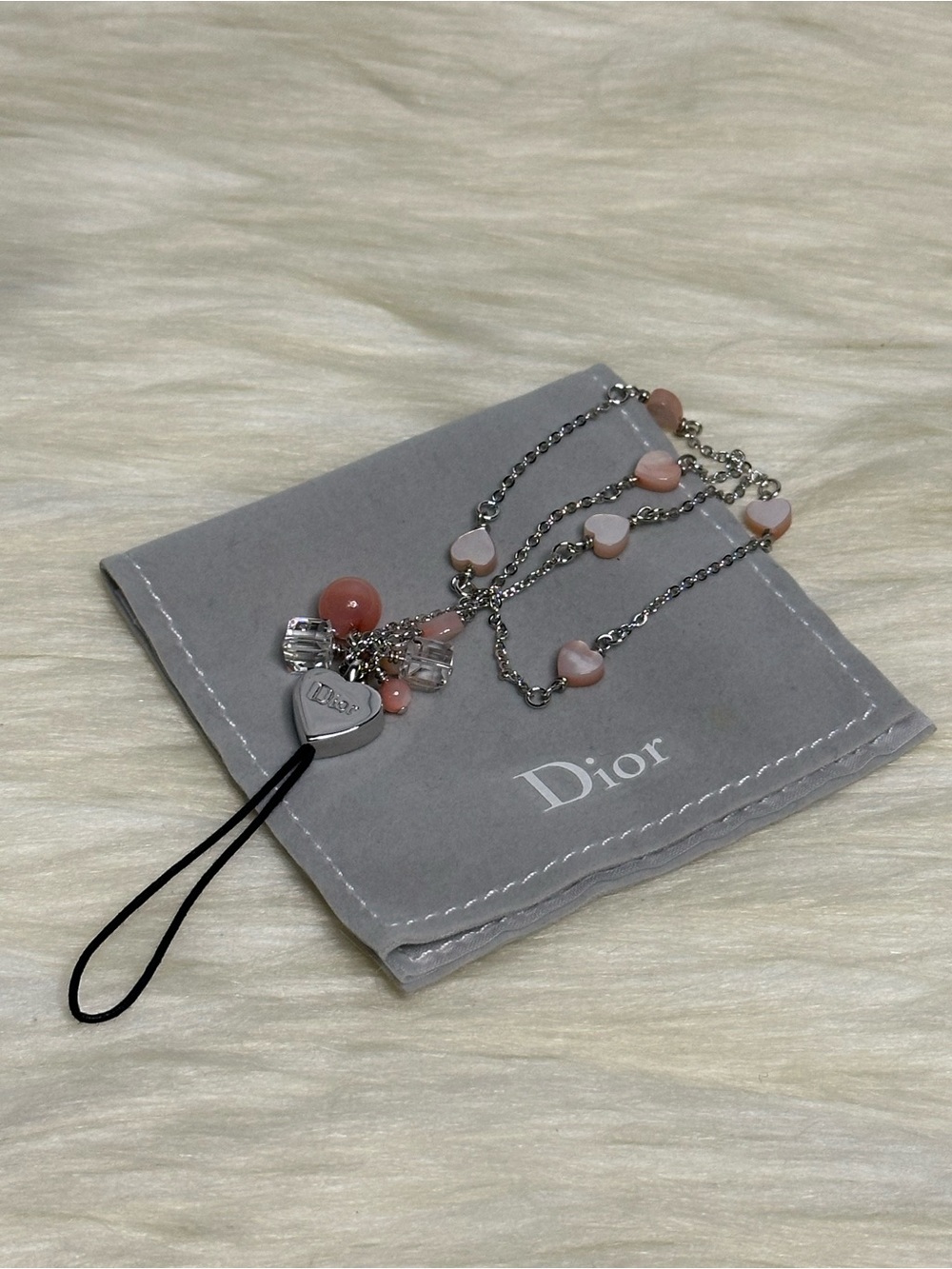 Dior Silver Chain Key Charm with Pink Beads and Heart Accents
